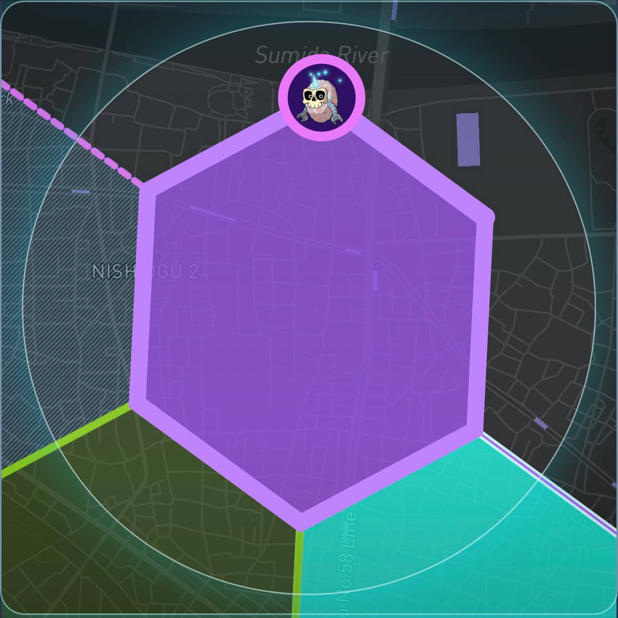 A rival Mebot holding the contested purple border hex after a Border Skirmish